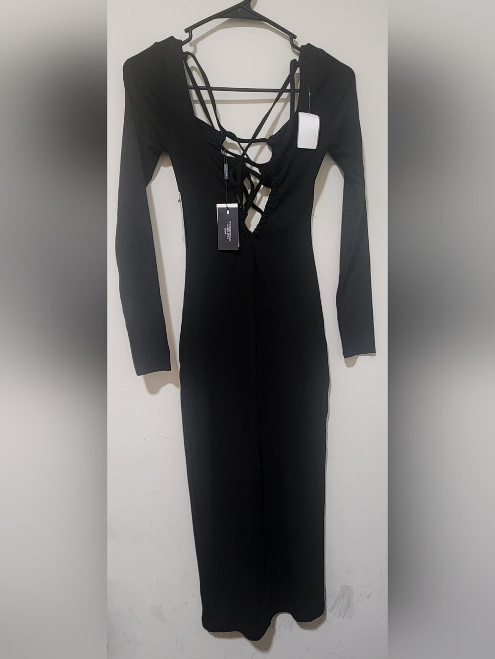 JLUXLABEL Black Long Sleeve Lace-Up Midi Dress